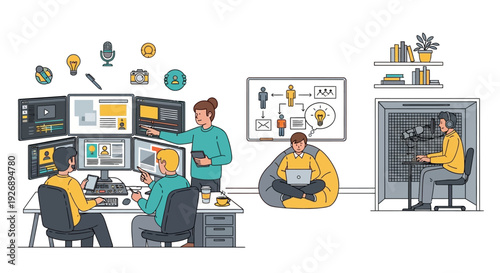 Team collaborating on a project in a modern office setting.