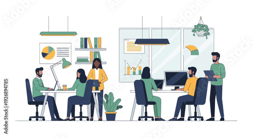 Team members collaborating on project in modern office environment.