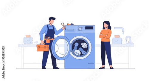 Appliance repairman fixing washing machine for customer.