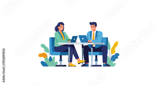 Two professionals collaborating on laptops at a table.