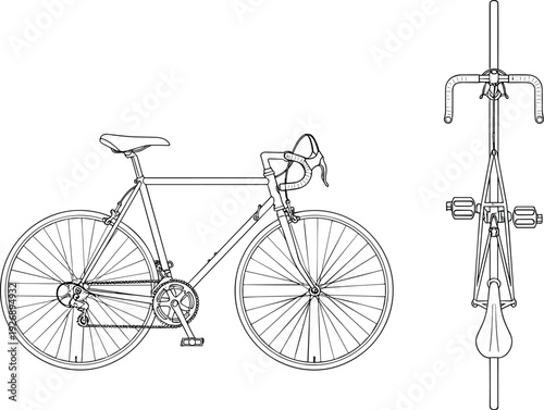 Road bicycle line art vector illustration, racing bike side and front view outline isolated cycling transport detailed minimalist design artwork