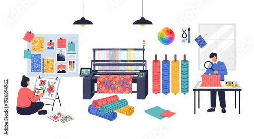Textile Design Studio with Artists and Machinery.