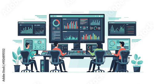Team of analysts working in a modern data center monitoring system.