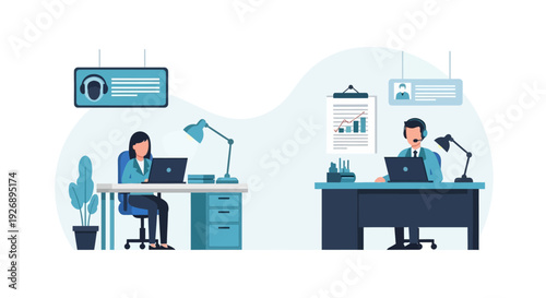 Two professionals working diligently at their desks in a modern office environment.