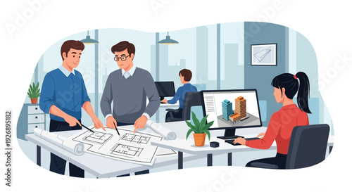 Architects collaborating on blueprints and 3D models in modern office.