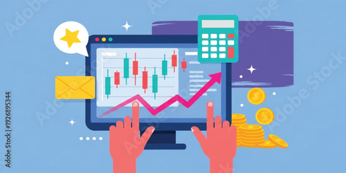 Financial Trading and Investment Concept Vector Illustration with Candlestick Charts, Growth Arrow, Calculator, and Gold Coins for Fintech Apps, Banking, and Stock Market Analysis