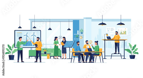 Team collaborating on renewable energy project in modern office.