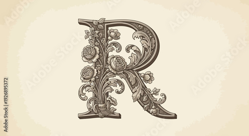 Ornate Vintage Letter R with Floral Decorations.