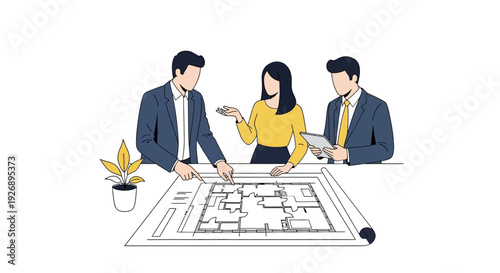 Architects collaborating on blueprints for a new project.