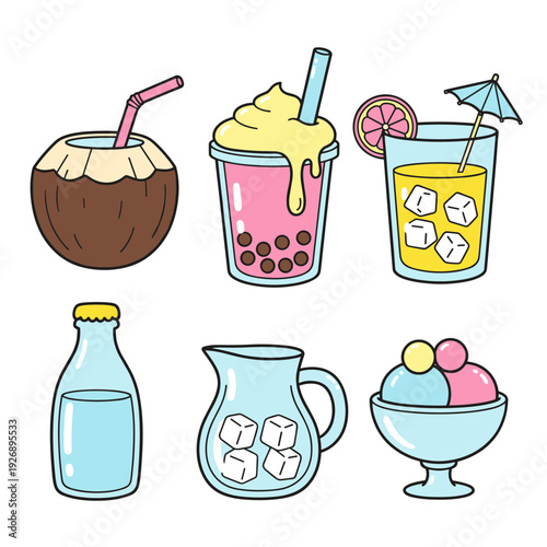 Set of Cute Summer Tropical Drinks and Cold Desserts Vector Illustration Including Coconut Juice Boba Tea Lemonade and Ice Cream in Flat Style