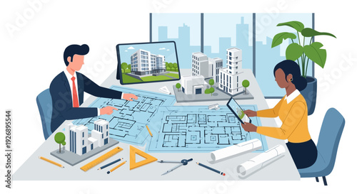 Architects collaborating on building design with models and blueprints.