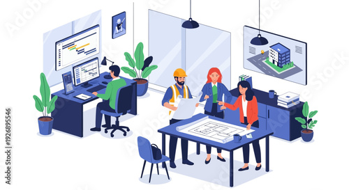 Team of architects collaborating on a building project.