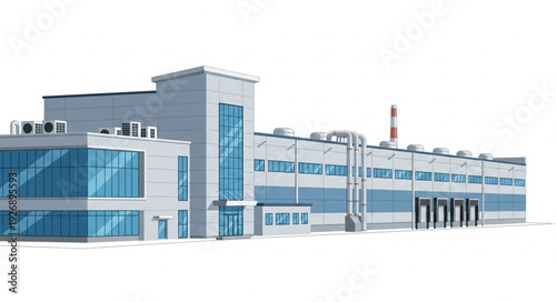 Modern industrial building with large windows and loading docks, a factory.