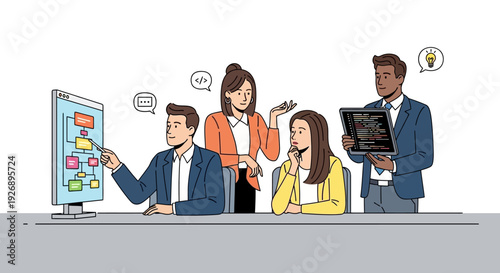 Team collaborating on a project with a flowchart on screen.