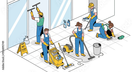 Team of cleaners working together to sanitize and maintain a building interior.