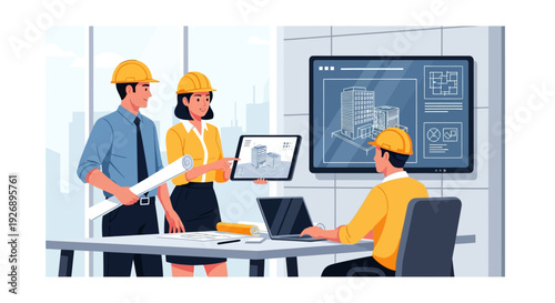 Architects collaborating on building plans using technology.