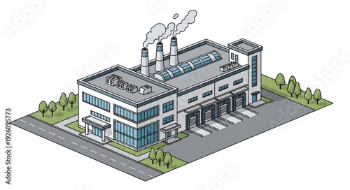 Modern industrial facility with smokestacks emitting pollution into the atmosphere, a visual representation.