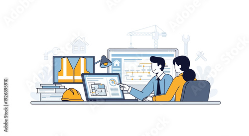 Architects Discussing Blueprints on Laptop Screen.