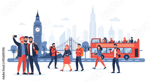 Tourists taking photos in London with iconic landmarks and red bus.