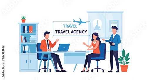 Travel Agency Office Scene with Consultants Assisting Clients.