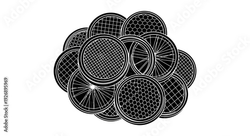 Detailed illustration of multiple overlapping bicycle wheels with mesh patterns on a white background showcasing a complex arrangement of circular shapes and lines