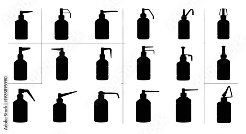 Collection of black spray bottle silhouettes in various orientations on white background for design and branding purposes
