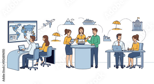 Travel agency team planning global trips and managing bookings.