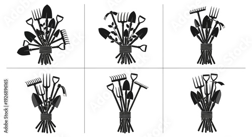 Bundles of assorted gardening tools on white background including rakes hoes forks and trowels tied together in six sets