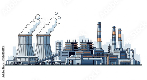 Detailed illustration of a large industrial power plant with smoke stacks.