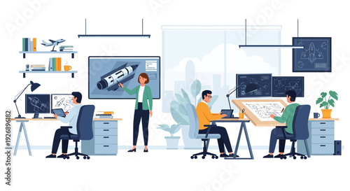 Team of engineers collaborating on a 3D design project.