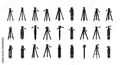 Collection of various camera tripod icons in black silhouette on white background for graphic design