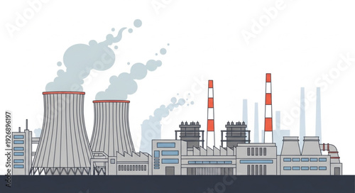 Industrial power plant with cooling towers and smokestacks against the sky.