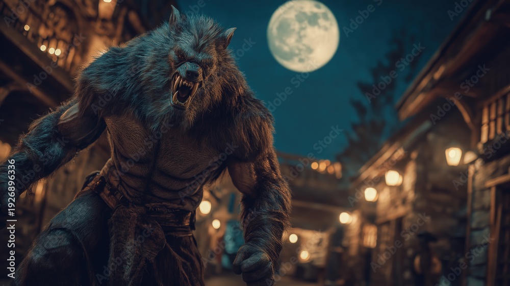 Fototapeta premium Fierce Werewolf Under Moonlit Nightscape