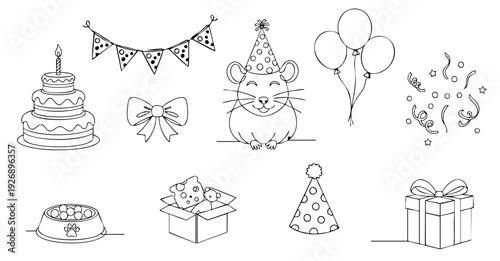 Cute mouse celebrating birthday party line art set