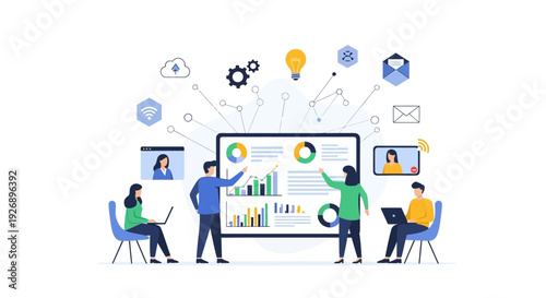 Team collaborating on business analytics and strategy presentation.