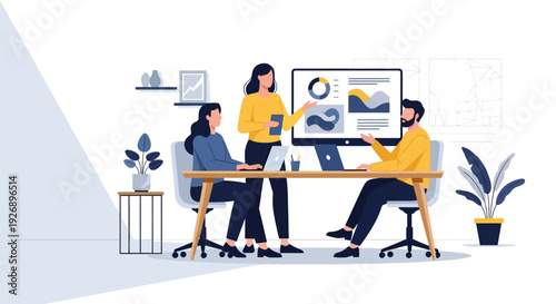 Team collaborates on business strategy presentation.