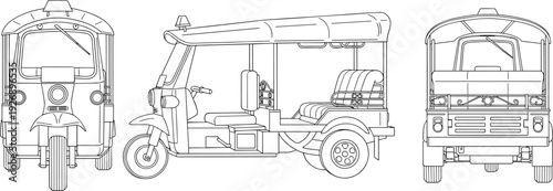 Auto rickshaw line art vector illustration, tuk tuk front side rear view transport vehicle outline isolated urban mobility design artwork