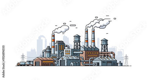 Industrial complex illustration depicting factories and manufacturing plants with smoke.