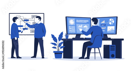 Two men collaborating on a business project using technology.