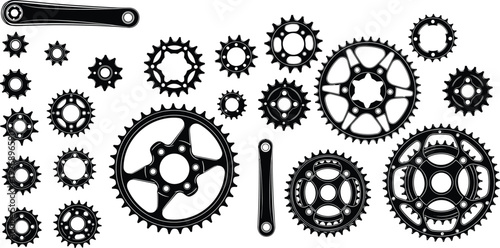 Bicycle chainring gear silhouette vector set, bike sprocket crank components black solid cycling mechanical parts illustration isolated design collection