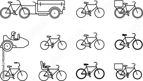 Cargo bicycle icon set line art vector, delivery bike trailer transport symbols urban cycling mobility outline illustration collection design