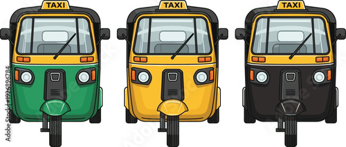 Auto rickshaw taxi front view vector illustration set, tuk tuk city transport vehicle colorful urban mobility design isolated artwork collection