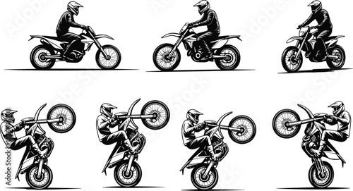 Dirt bike rider stunt vector illustration set, motocross motorcycle wheelie action collection black and white extreme sport transport artwork design