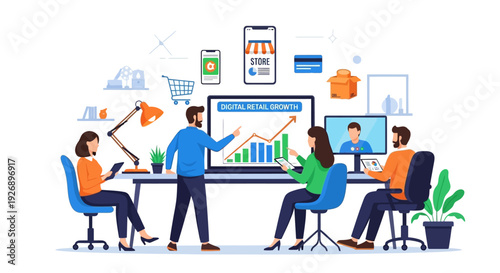 Team of professionals analyzing business growth and online sales data.