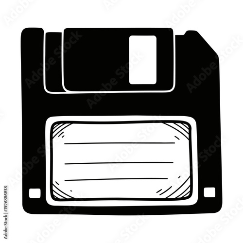 Floppy disk hand-drawn doodle illustration of retro data storage icon in black and white sketch style