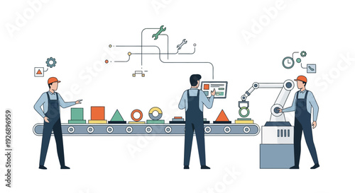 Automated Production Line with Workers and Robotic Arm.