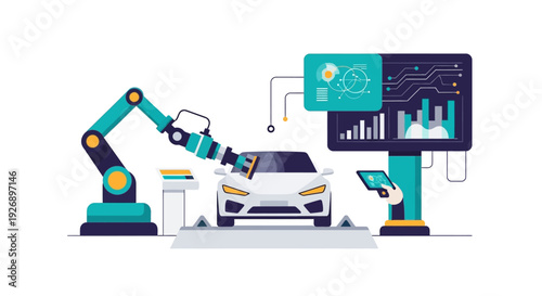 Automotive Industry Robotic Arm Assembling Car Technology.