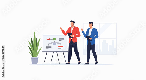Two businessmen presenting a business plan on a whiteboard.