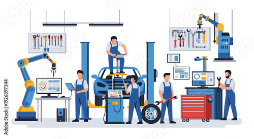 Automotive Repair Shop with Mechanics and Advanced Technology.