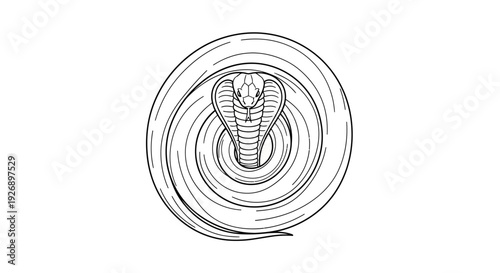 Stylized cobra snake head in coiled circles, black and white line art